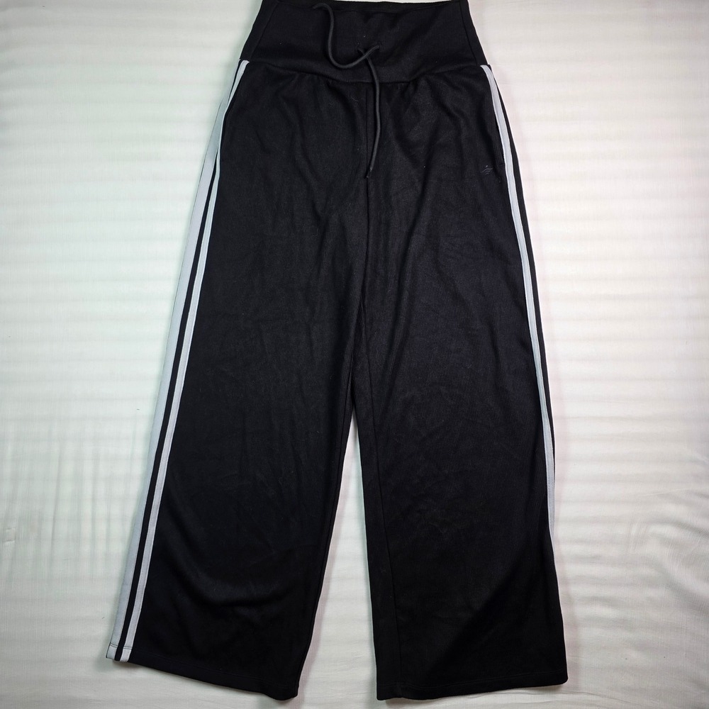 Halara Black Ribbed Wide Leg Track Pants High Waisted Side Stripe Medium Regular